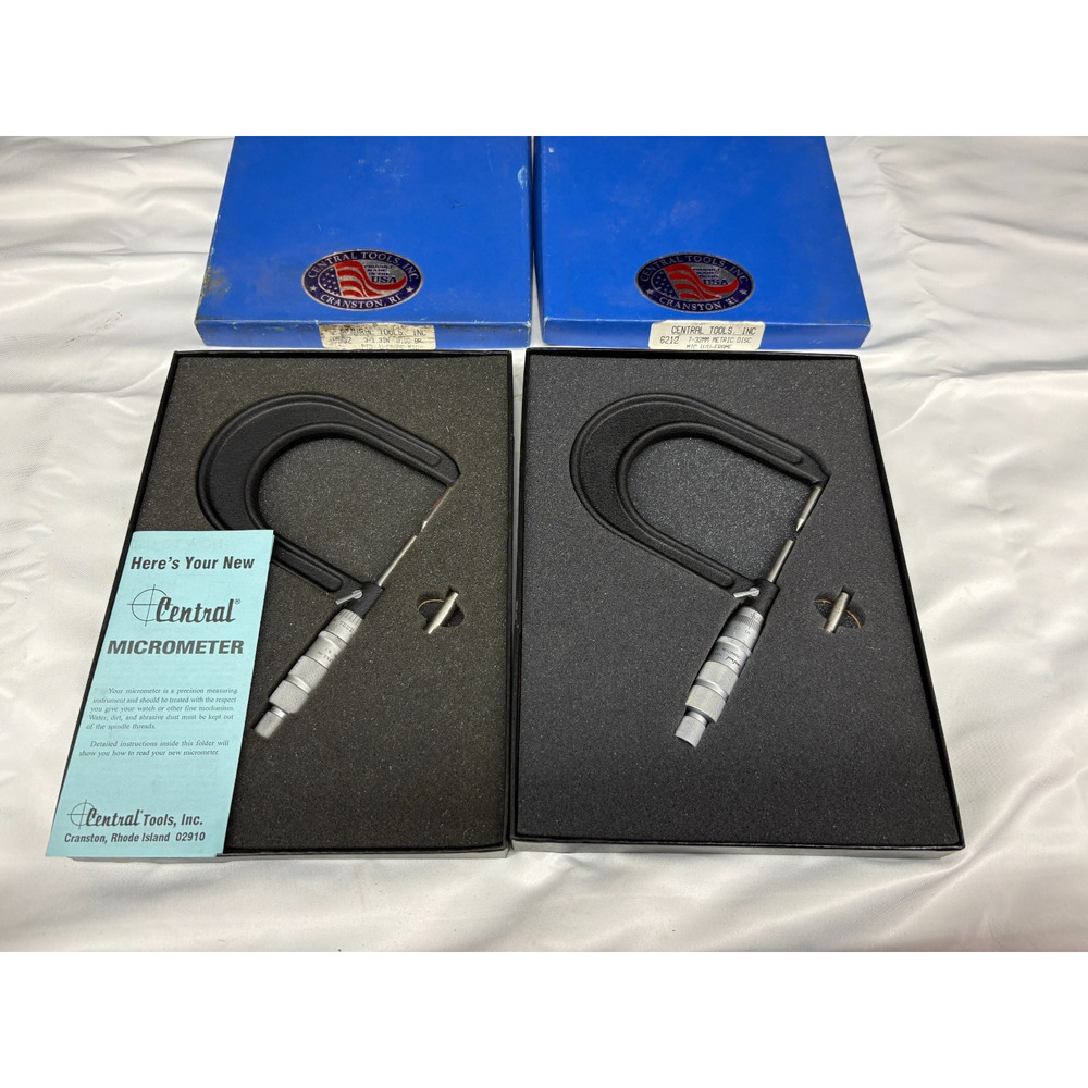 Lot 2 Central Tools Micrometers 6212 & 3–1.3IN USA Made Disc Frame Sets w Boxes